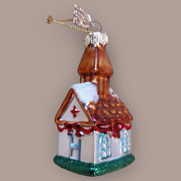 3" Snowy Roof Church Ornament Hand Blown Glass Thomas Pacconi Classics 2002 - Picture 1 of 7